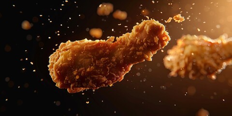 A spicy crispy fried chicken is flying in the air.