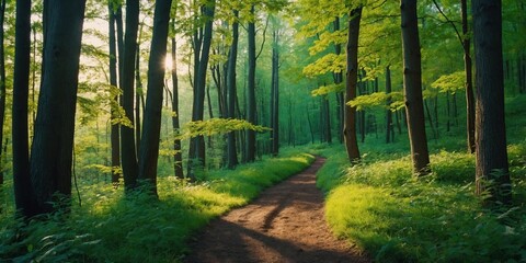 Obraz premium A winding trail cuts through the deciduous woods, bathed in the morning sunlight of spring and summer. Fresh, vibrant trees populate the forest.