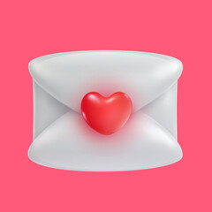 Closed white envelope with red heart in cute realistic 3d style. Romantic bright message letter. Valentines day design element. Vector illustration.