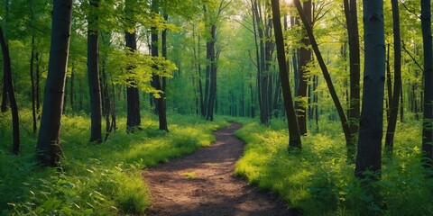 Obraz premium A winding trail cuts through the deciduous woods, bathed in the morning sunlight of spring and summer. Fresh, vibrant trees populate the forest.