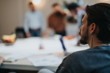 A side view of a bearded man attentively listening in a business meeting, with colleagues...