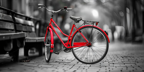 A red bicycle parked next to a brick wall
 - Powered by Adobe