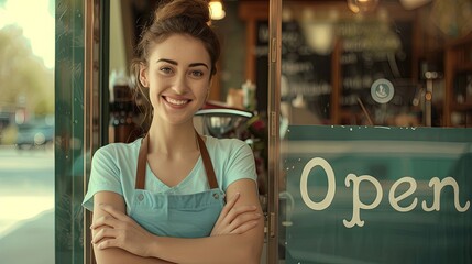 Welcoming Cafe Owner at Door with Open Sign