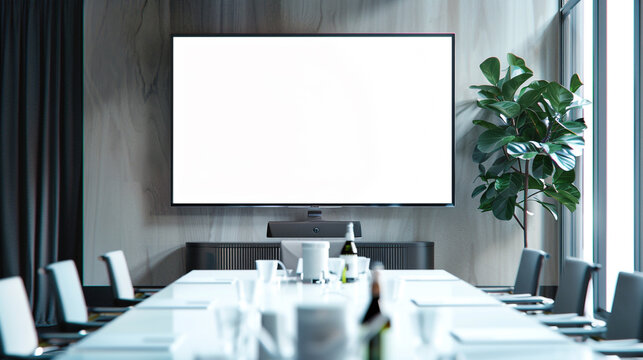 Interactive corporate session with a medium-sized blank digital TV screen, perfect for presentations.