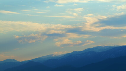 Mountain Range Silhouette Sunrise. Romantic Colorful Sunrise At The Mountains. Pan.