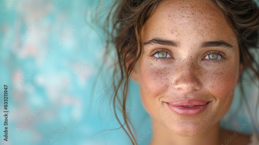 Wall mural beautiful young woman with a glowing complexion, her smile bright