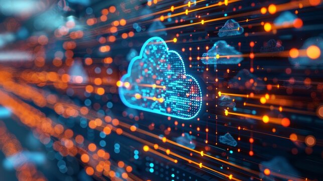 Abstract digital cloud computing concept with glowing lines and data streams.