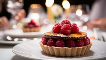 A close up of a dessert with raspberries on top, AI