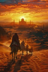 A caravan treks through a vast desert towards an ancient city 