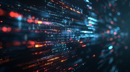 Fototapeta premium Abstract digital code flowing through a dark cyberspace. The lines of code are blurred and glowing, creating a sense of movement and energy. Perfect for tech and data concepts.