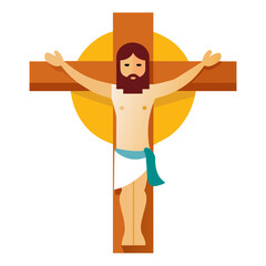 Jesus is depicted on the cross in a flat artistic style