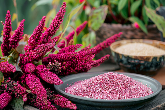 Flowering branches of amaranth next to its grain