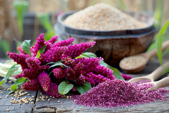 Flowering branches of amaranth next to its grain