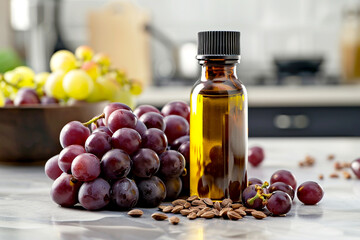 Grape seed oil in a bottle stands next to grapes on the table against the backdrop of a modern kitchen