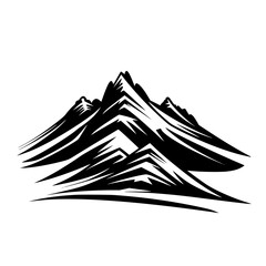 Black and White Mountain Peak Illustration, Stylized black and white illustration of mountain peaks with sharp edges and snow highlights, ideal for outdoor and adventure themes.