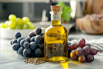 Grape seed oil in a bottle stands next to grapes on the table against the backdrop of a modern kitchen