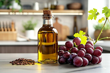 Grape seed oil in a bottle stands next to grapes on the table against the backdrop of a modern kitchen