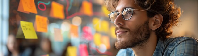 A creative professional wearing glasses thoughtfully strategizes using colorful sticky notes on a glass wall, focusing on project ideas and planning.