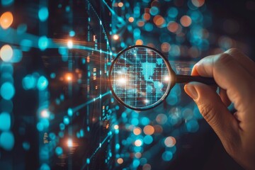 A magnifying glass focusing on a digital lock icon on a circuit board, illustrating the importance of digital security and data protection