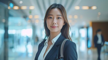 Fototapeta premium Present an Asian business woman confidently walking through a modern office lobby, white background