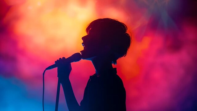 Silhouette of a boy singing at a music audition with neon lighting, World Music Day. Looping time-lapse video
