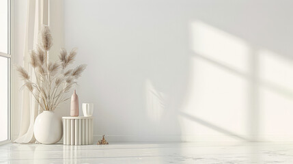 Minimalist cosy interiors composition with minimal furniture and neutral tones. Residential interior design composition in neutral tones.