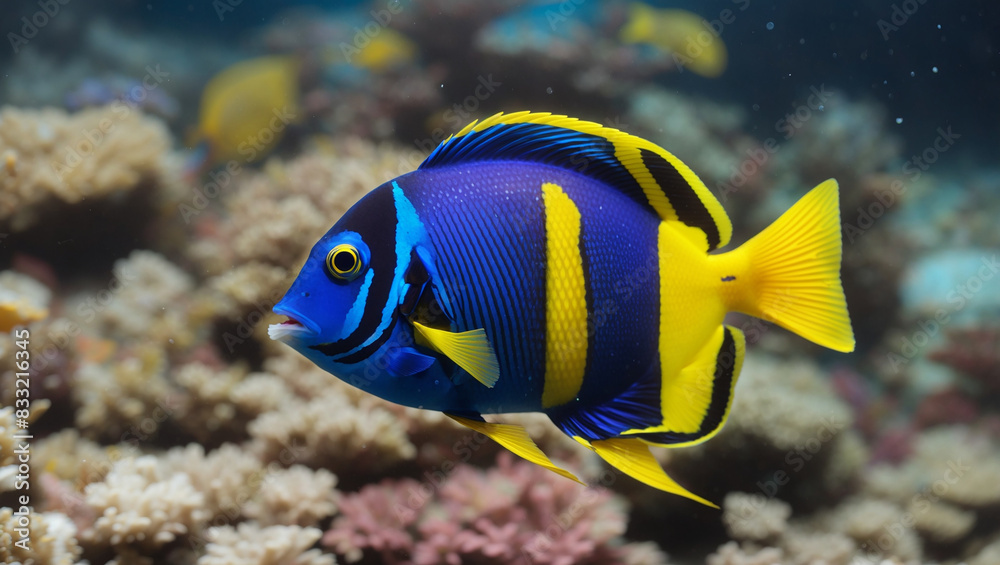 Wall mural a yellow and blue fish with a black stripe swimming near a coral reef. - Wall murals