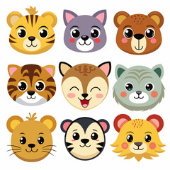 An array of adorable animal face illustrations on a plain white backdrop