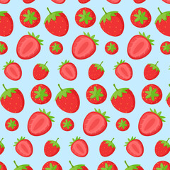 Cute red whole and sliced strawberry pattern background for backdrop, print, gift, fabric, wrapping, packaging, printable illustartion