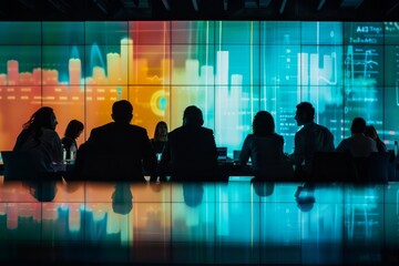 Team analyzing market trends and consumer data, Silhouettes of business people in a meeting with a large digital screen displaying data and graphs, reflecting modern technology and teamwork.