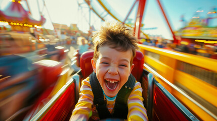 Obraz premium a child rides a rollercoaster with a hysterically happy face on an amusement ride, Ai generated Images