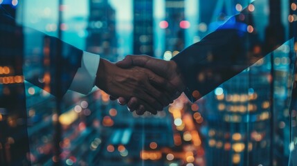 Two business professionals shaking hands in a cityscape background, symbolizing partnership, agreement, and corporate collaboration.