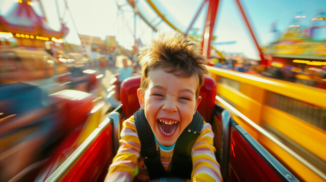 a child rides a rollercoaster with a hysterically happy face on an amusement ride, Ai generated Images