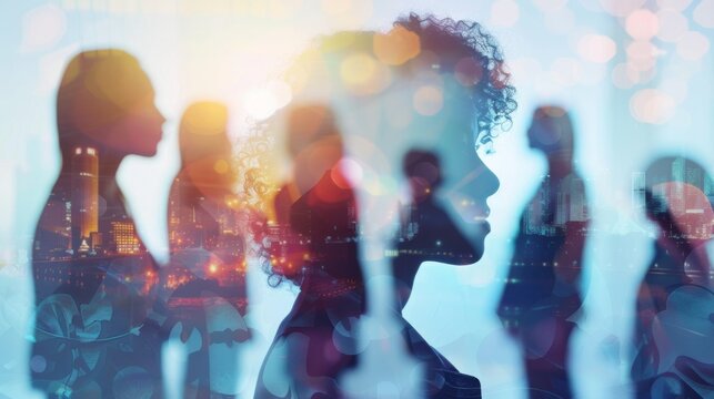 Silhouettes of diverse people against a vibrant cityscape background, symbolizing community, connection, and urban life.
