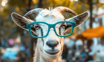 A photo of a serious goat in glasses . crazy or funny