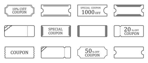 Set of coupons, tickets, gift coupon, discount coupon, saving coupon in linear style. Coupon card element vector template for graphic design. Coupons for promotional sales with various discounts.