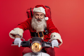 A man dressed as Santa Claus riding a Vespa scooter. He is smiling and holding a bag - Powered by Adobe