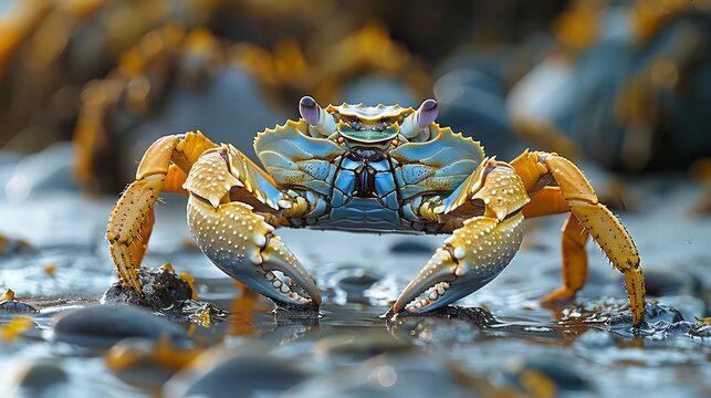 Edible crab (Cancer pagurus) on sand covered with algi during low tide 