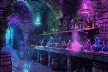 A fantasy castle laboratory with bubble potions and magic experiments is in progress.