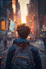 Fototapeta premium A young man with a backpack gazes ahead, poised for his urban journey.