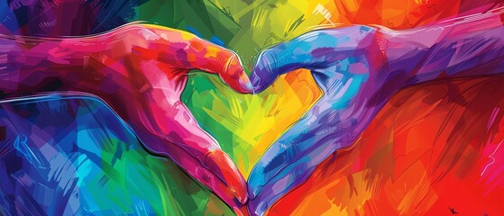 Digital illustration of hands forming a heart with a vibrant rainbow background, celebrating LGBTQIA pride and unity, perfect for Pride Month events and support campaigns