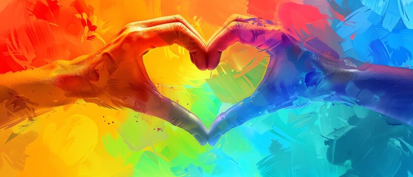 Digital illustration of hands forming a heart with a vibrant rainbow background, celebrating LGBTQIA pride and unity, perfect for Pride Month events and support campaigns