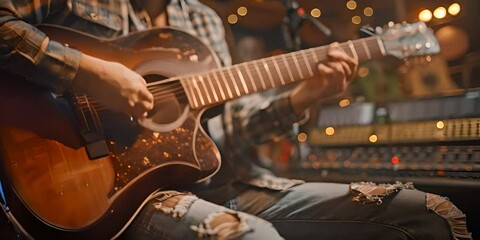 Musician recording acoustic guitar in studio 4K Video.