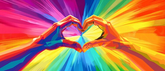 Hands shaping a heart symbol with a rainbow background in a vibrant digital illustration for LGBTQIA pride and support, ideal for Pride Month celebrations and events