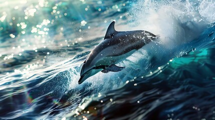 Dolphin playing and jumping on the wavy blue ocean
