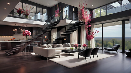 Upscale greatroom.  with floor to celing windows with sheer curtains. sleek modern furniture in netural tones and ultra modern kitchen. Floating staircase to second floor. Fesh vibrant flowers in vase