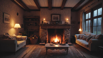 cozy room without furniture evening in a country house with a fireplace it’s raining outside the windows