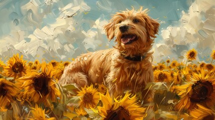 Dog playing in sunflower fields under a bright Summer sky, rendered in swirling brushstrokes and vivid yellows and blues, capturing the essence of a warm, sunny day background, ai generated