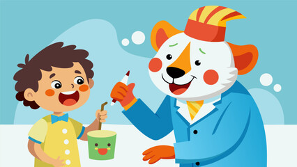 Naklejka premium The hospital clown paints a picture of a silly animal on a childs face instantly turning their frown upside down.. Vector illustration