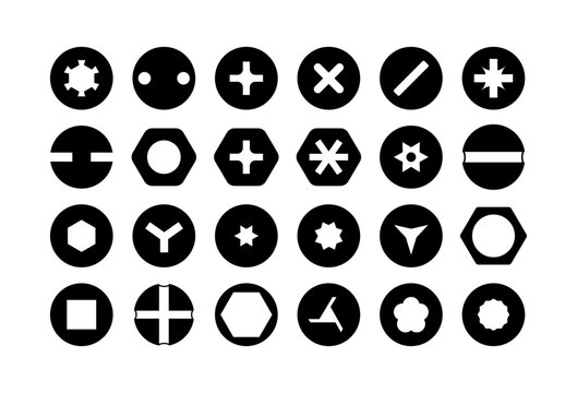 Set of metal screw heads. Stainless steel bolts. Silver nails and rivets. Top view. Vector illustration in flat style. Different hardware elements. Mechanic workshop icons.